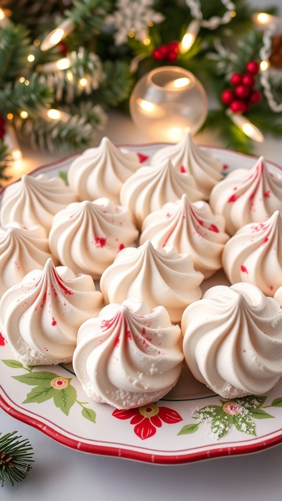 A plate of festive meringue cookies dusted with powdered sugar, decorated with red and green swirls, set against a holiday backdrop.
